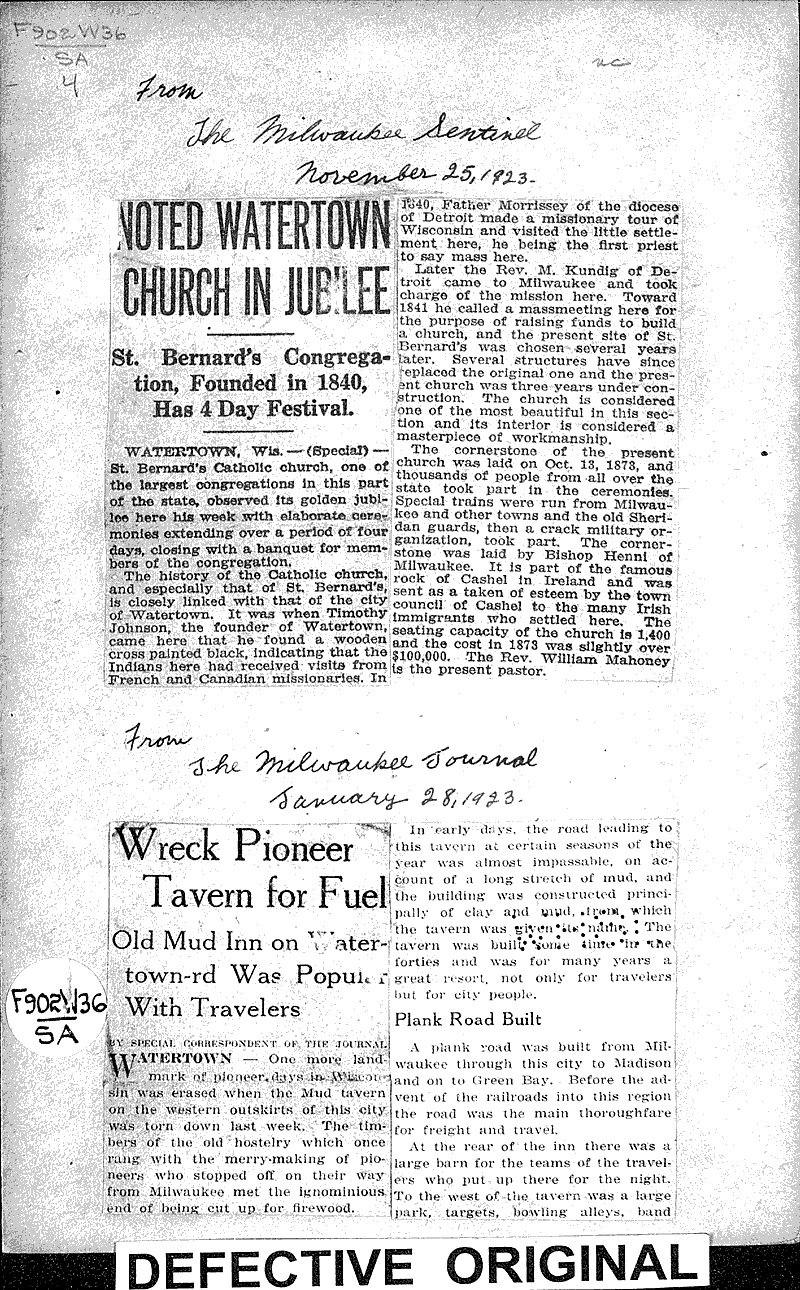  Source: Milwaukee Sentinel Topics: Church History Date: 1923-11-25