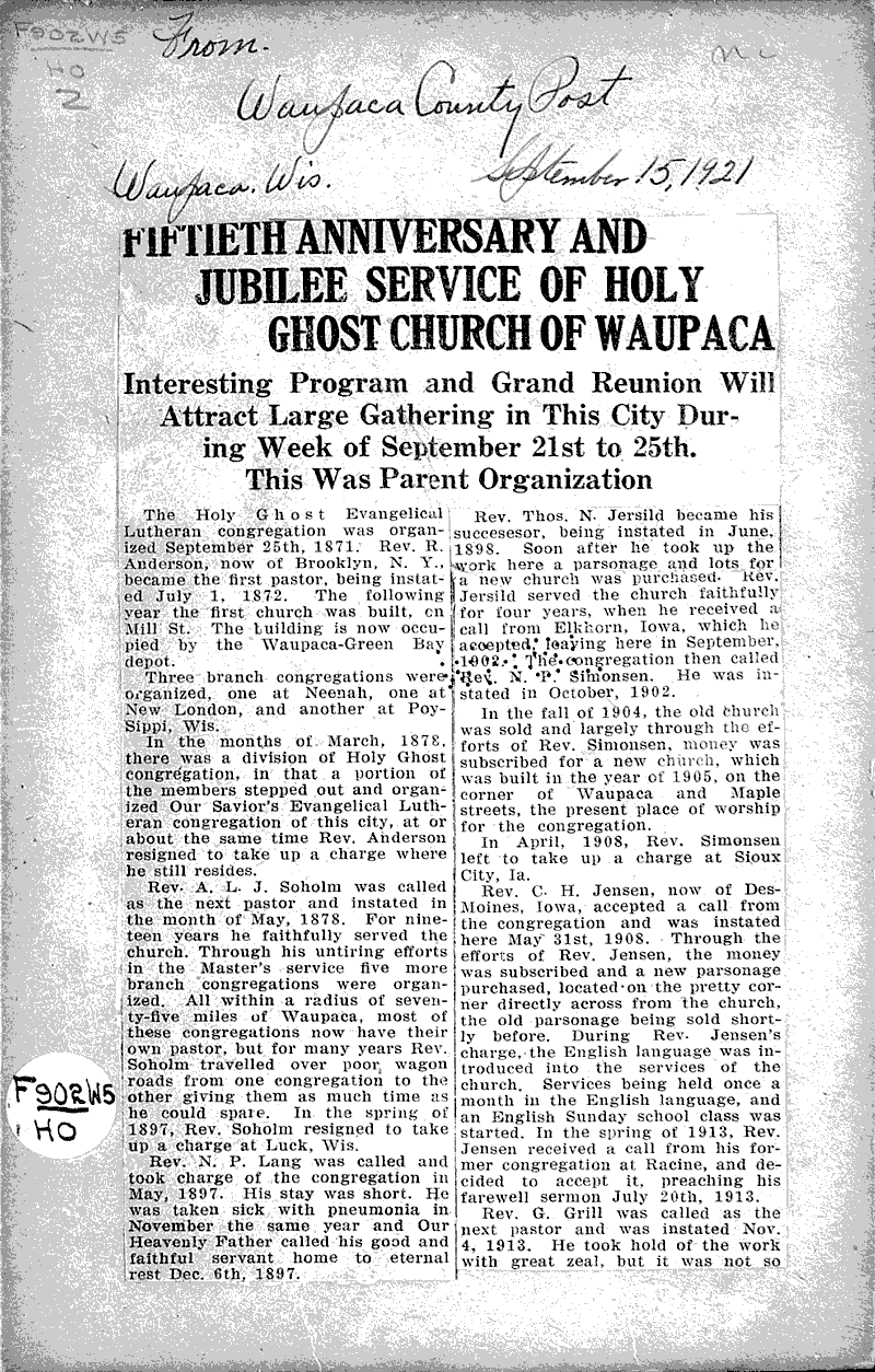  Source: Waupaca County Post Topics: Church History Date: 1921-09-15