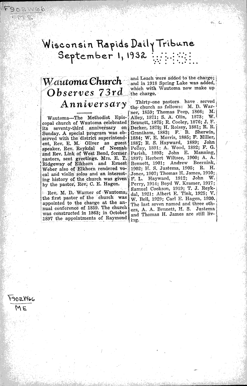  Source: Wisconsin Rapids Daily Tribune Topics: Church History Date: 1932-09-01