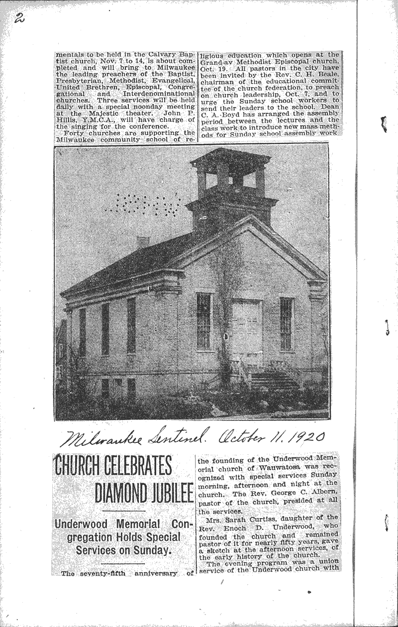  Source: Milwaukee Sentinel Topics: Church History Date: 1920-10-11
