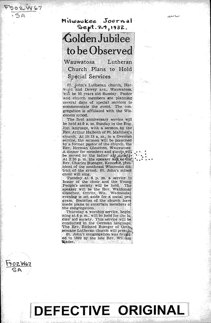  Source: Milwaukee Journal Topics: Church History Date: 1932-09-24