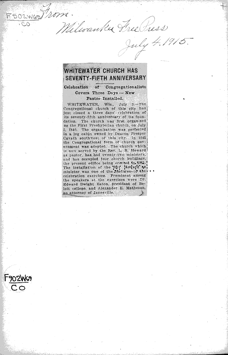  Source: Milwaukee Free Press Topics: Church History Date: 1915-07-04