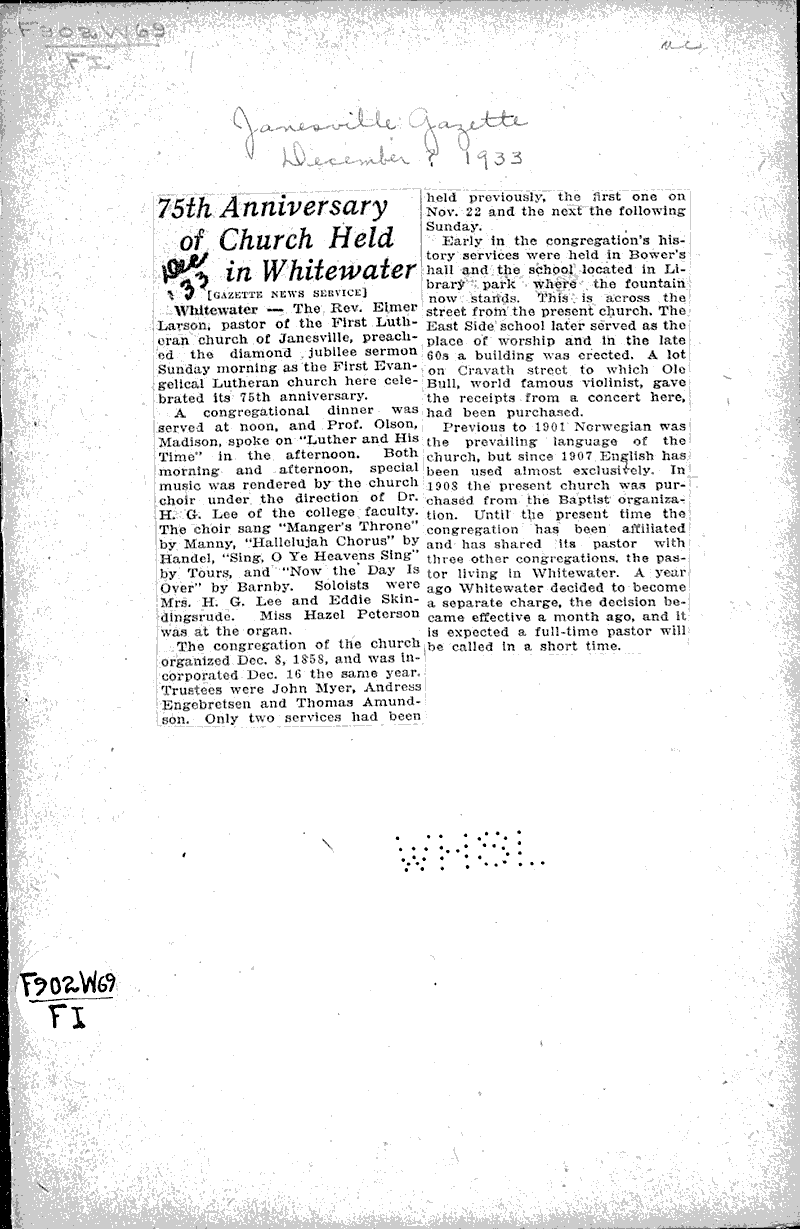  Source: Janesville Gazette Topics: Church History Date: 1933-12-??