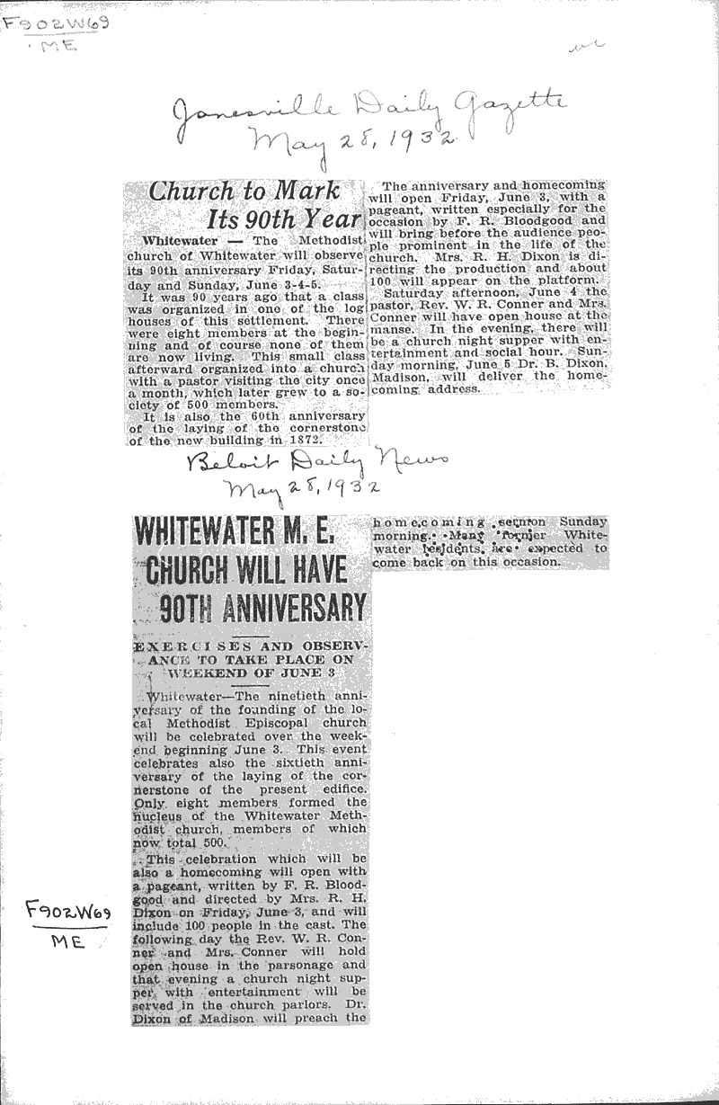  Source: Janesville Gazette Topics: Church History Date: 1932-05-28