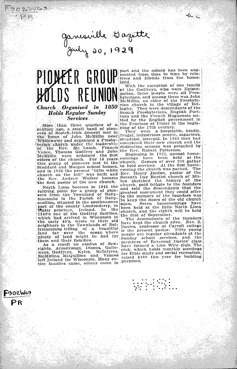  Source: Janesville Gazette Topics: Church History Date: 1929-07-20