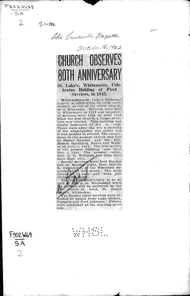  Source: Janesville Gazette Topics: Church History Date: 1922-10-16