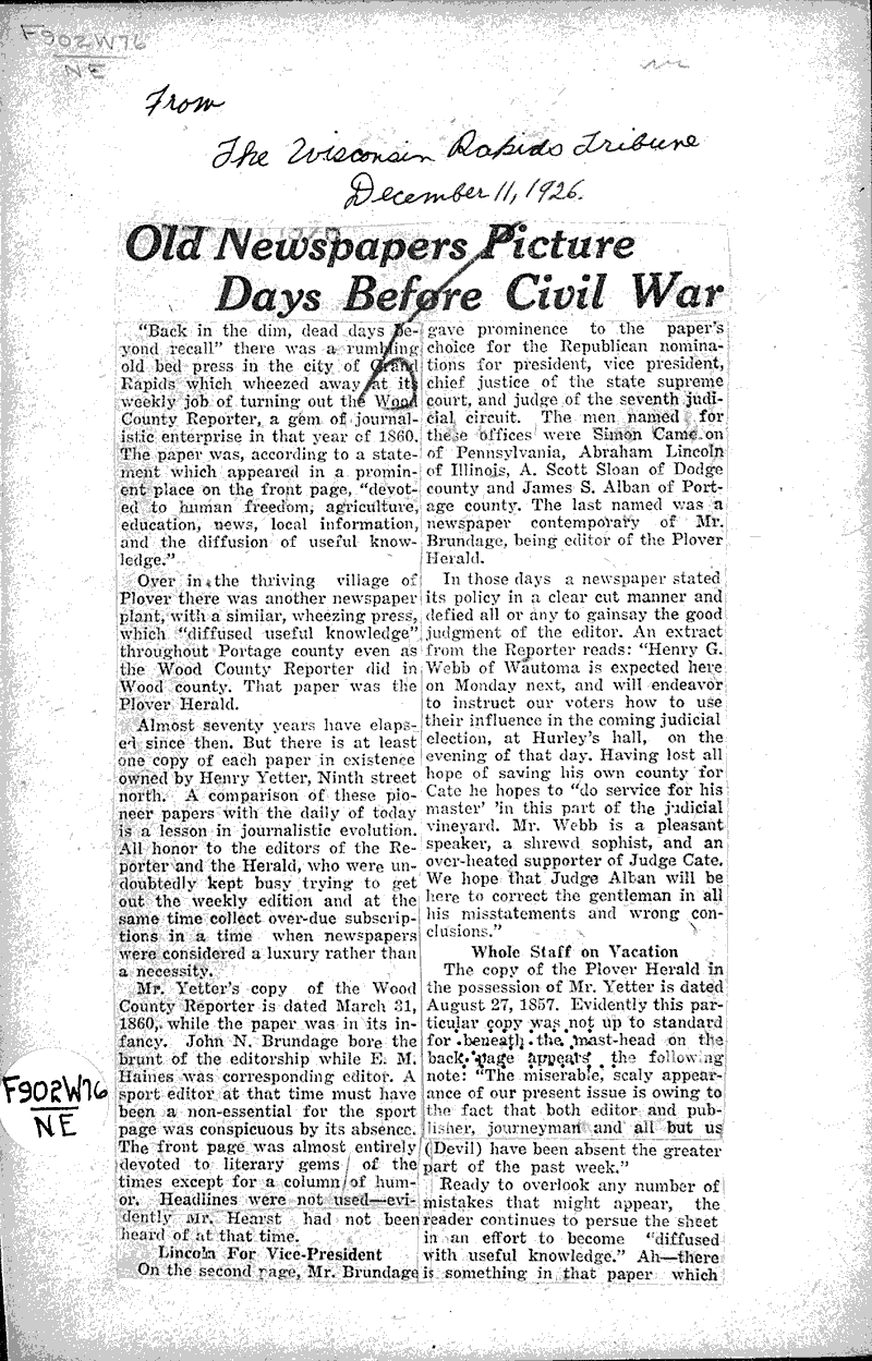  Source: Wisconsin Rapids Tribune Topics: Civil War Date: 1926-12-11