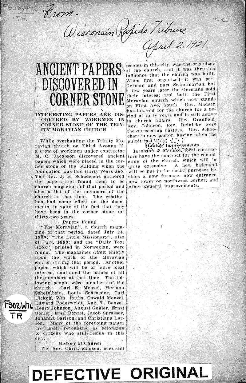  Source: Wisconsin Rapids Tribune Topics: Church History Date: 1921-04-02