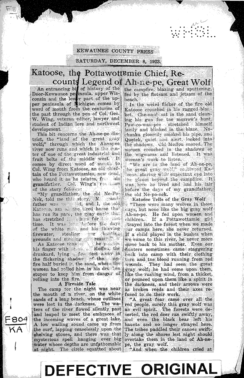  Source: Kewaunee County Press Topics: Indians and Native Peoples Date: 1923-12-08