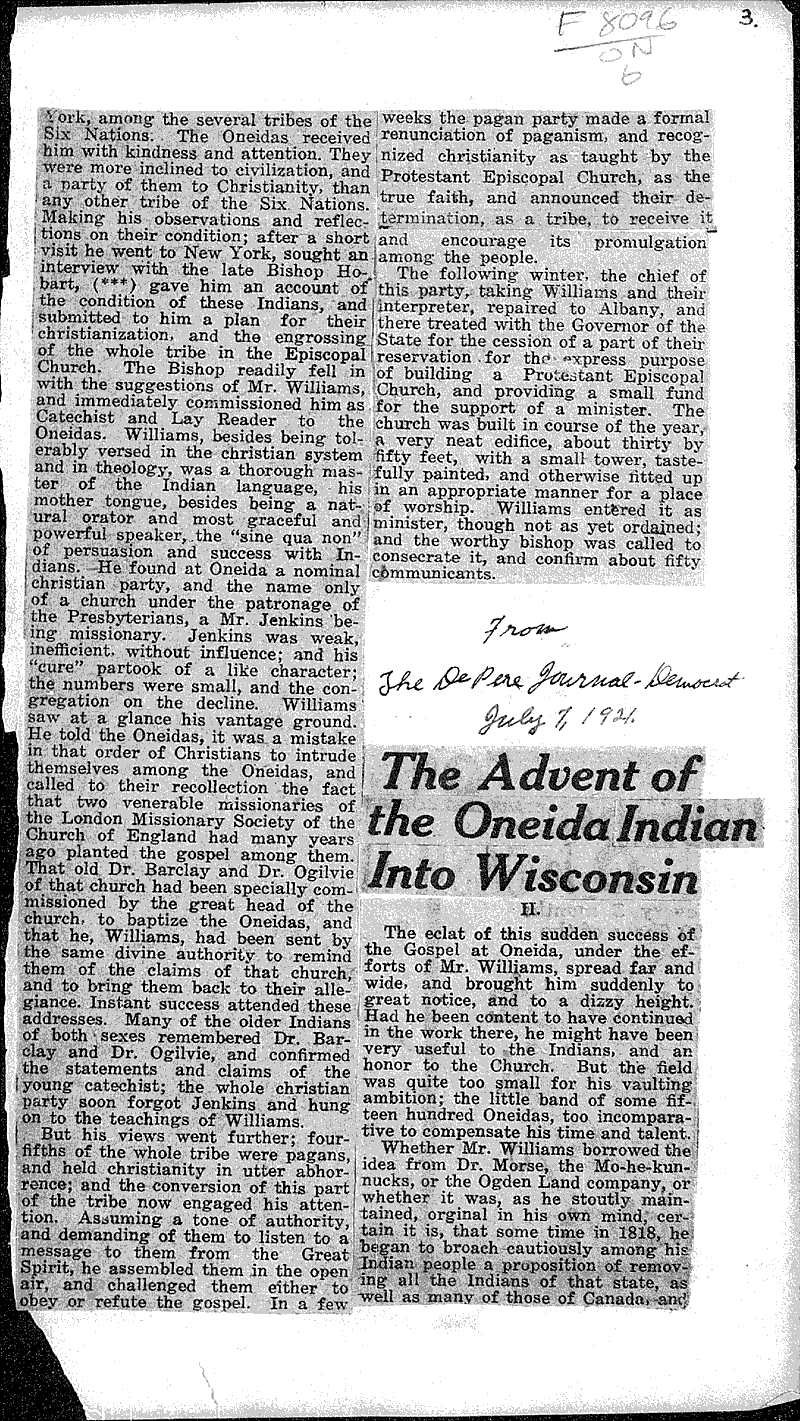  Source: De Pere Journal-Democrat Topics: Indians and Native Peoples Date: 1921-06-30