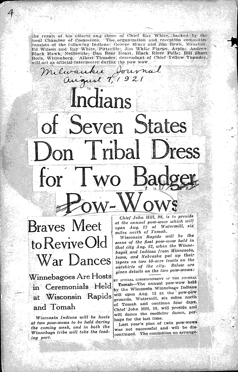  Source: Wisconsin Rapids Tribune Topics: Indians and Native Peoples Date: 1921-08-06