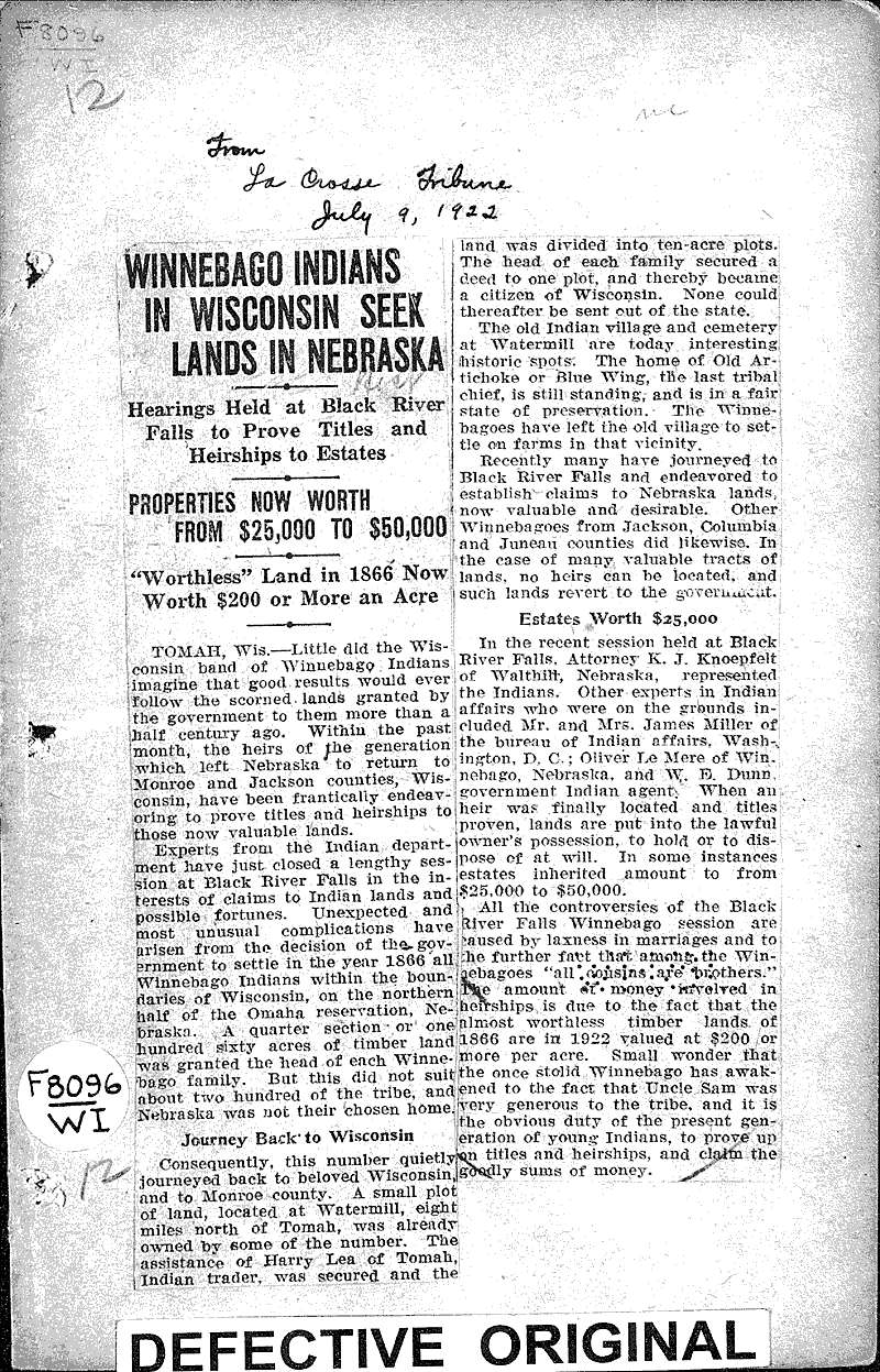  Source: La Crosse Tribune Topics: Indians and Native Peoples Date: 1922-07-09
