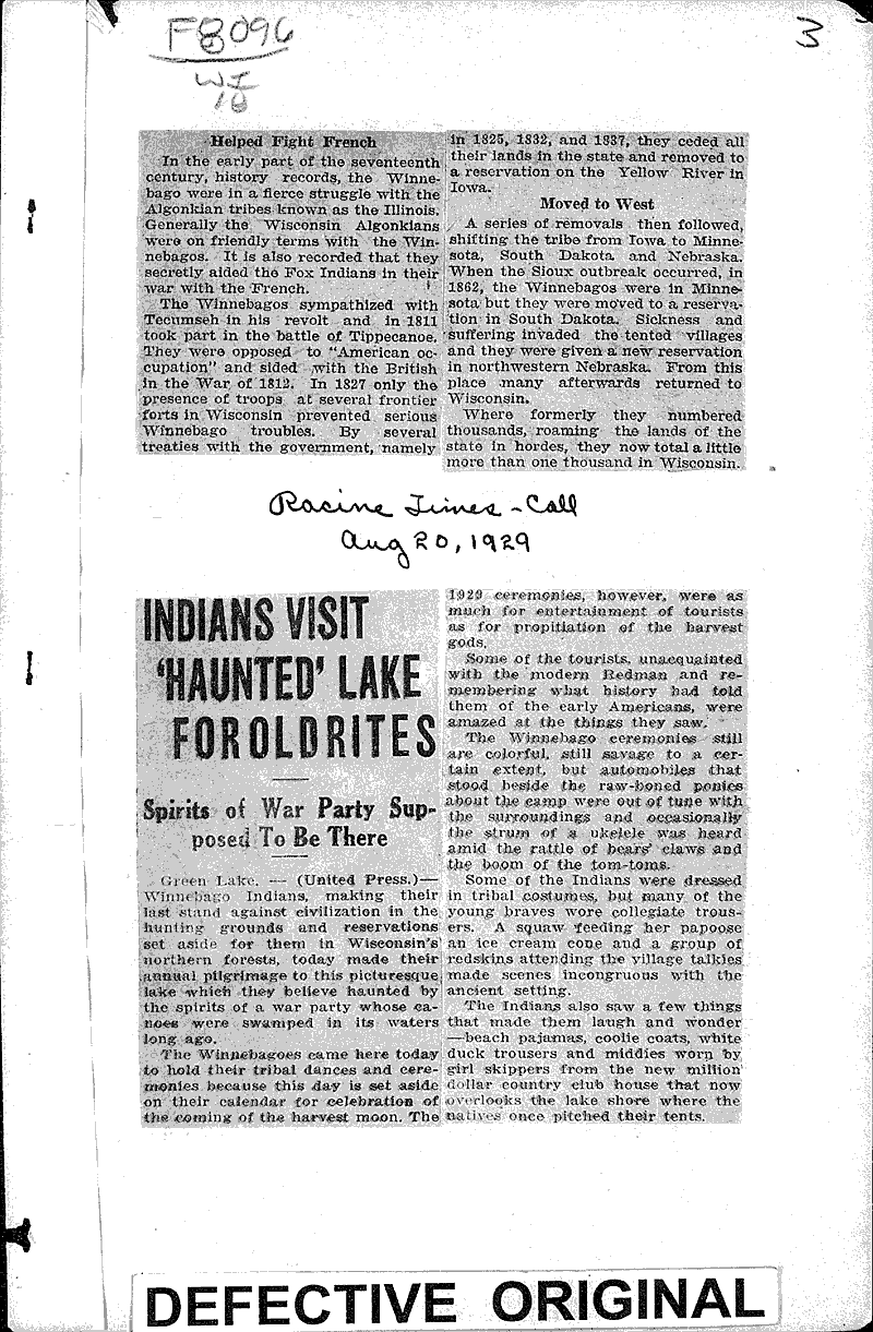  Source: Racine Times Call Topics: Indians and Native Peoples Date: 1929-08-20
