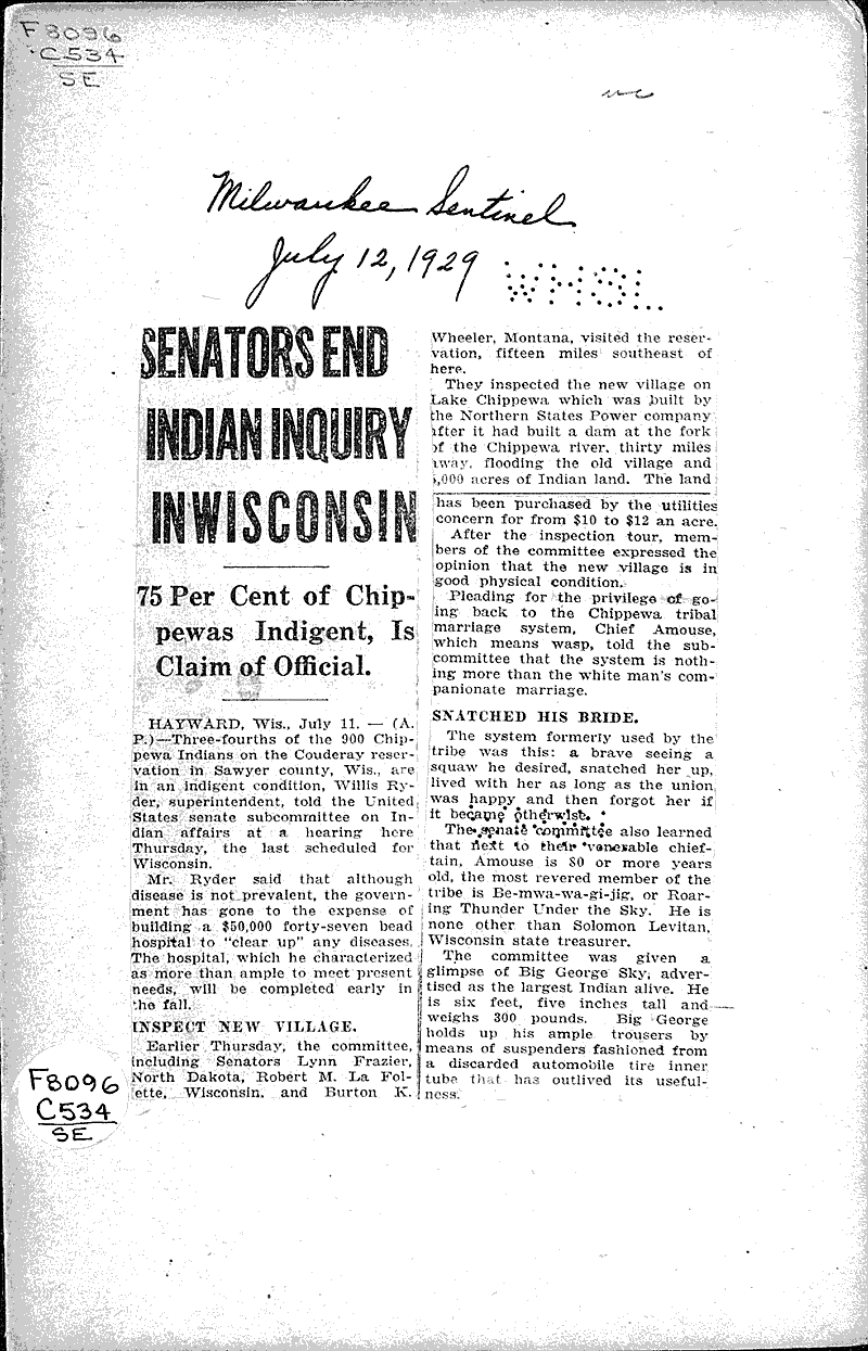  Source: Milwaukee Sentinel Topics: Indians and Native Peoples Date: 1929-07-12