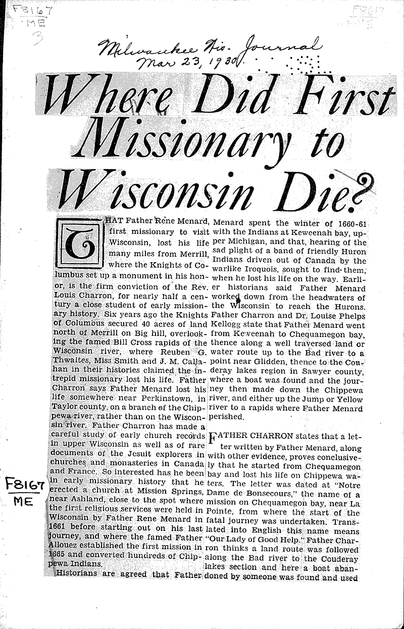  Source: Milwaukee Journal Topics: Church History Date: 1930-03-23