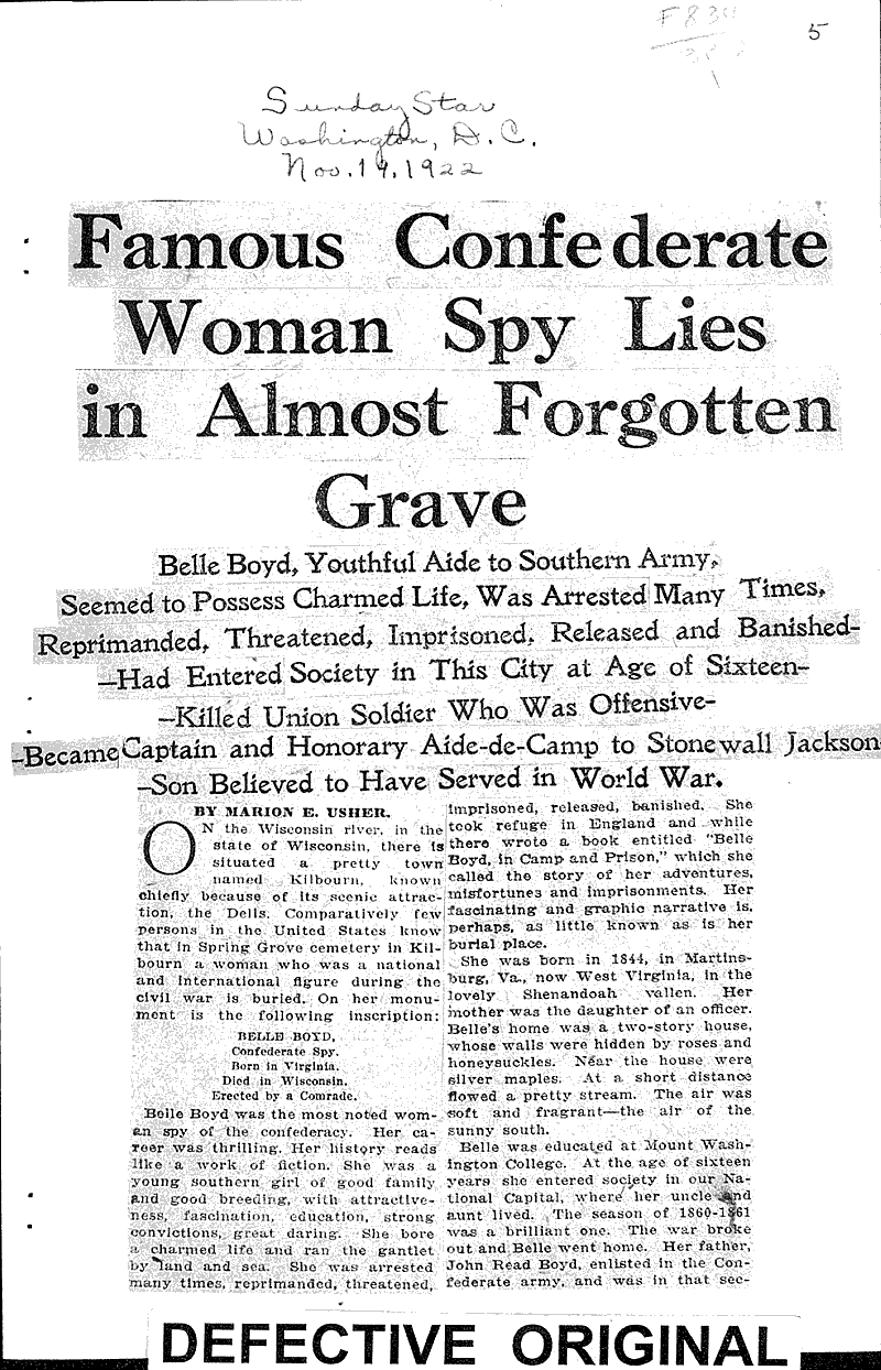  Source: Sunday Star (Washington D.C.) Topics: Civil War Date: 1922-11-19