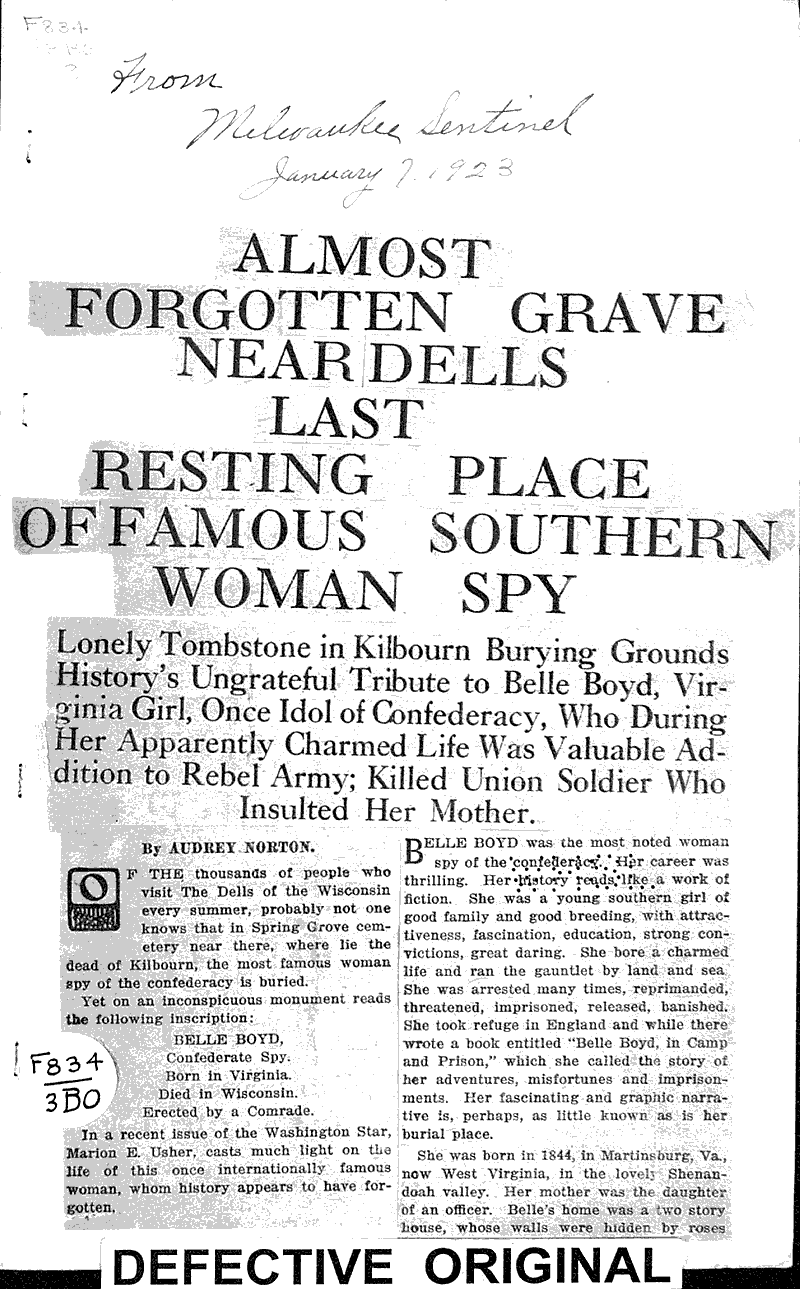  Source: Milwaukee Sentinel Topics: Civil War Date: 1923-01-07