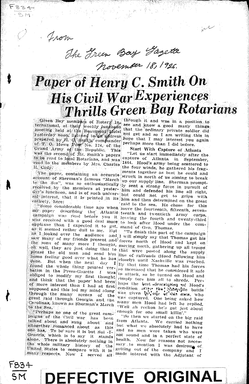  Source: Green Bay Gazette Topics: Civil War Date: 1926-02-18