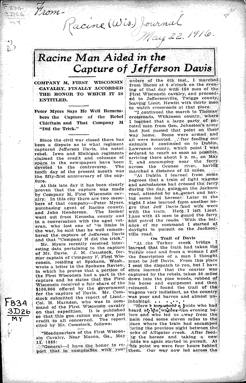  Source: Racine Journal Topics: Civil War Date: 1916-05-22