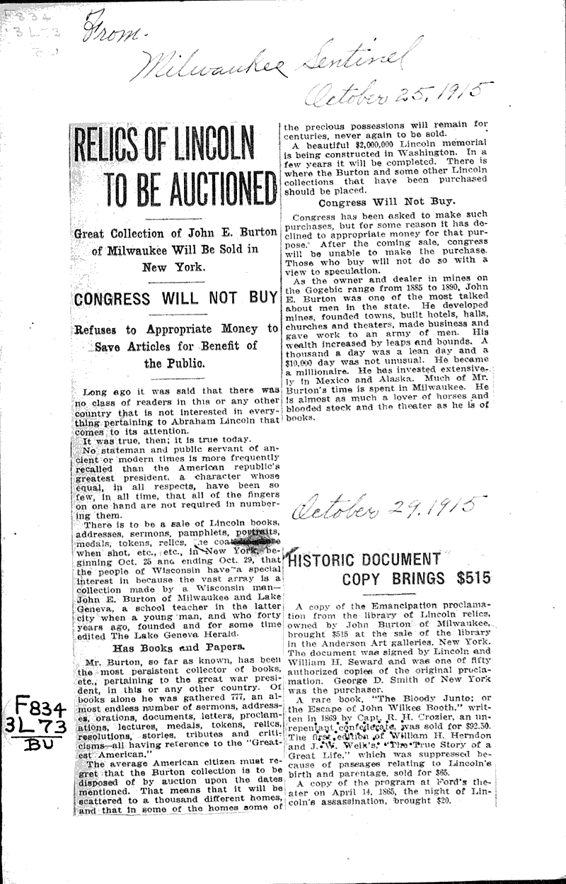  Source: Milwaukee Sentinel Topics: Civil War Date: 1915-10-25