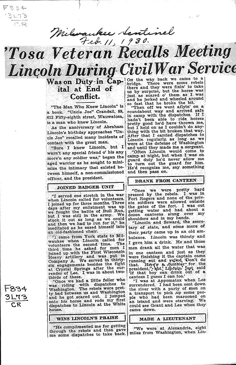  Source: Milwaukee Sentinel Topics: Civil War Date: 1930-02-11