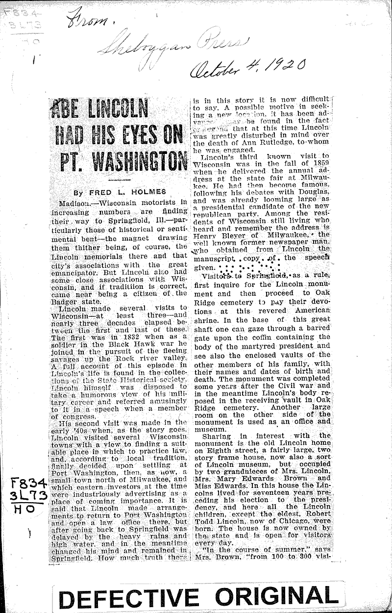  Source: Sheboygan Press Topics: Civil War Date: 1920-10-04