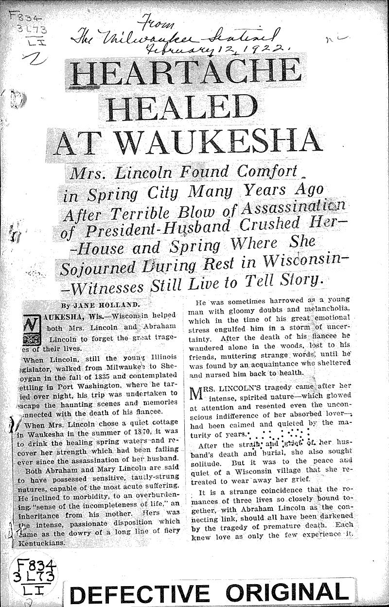  Source: Milwaukee Sentinel Topics: Civil War Date: 1922-02-12