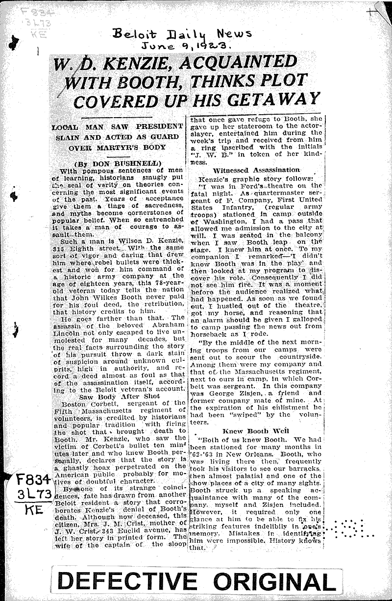  Source: Beloit Daily News Topics: Civil War Date: 1923-06-09