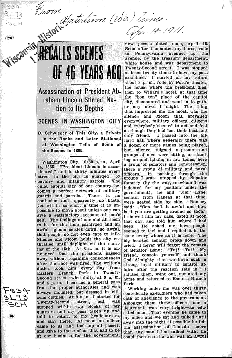  Source: Watertown Times Topics: Civil War Date: 1911-04-14