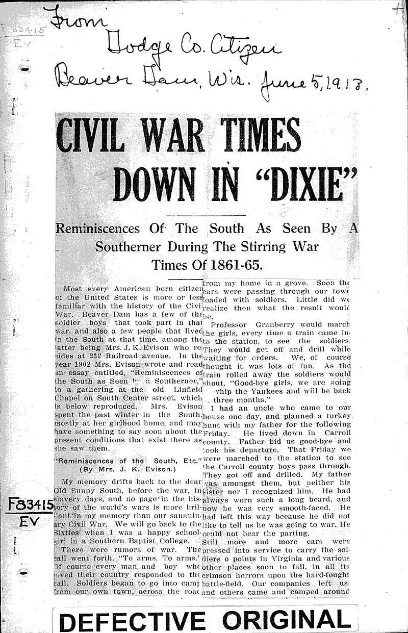  Source: Dodge County Citizen Topics: Civil War Date: 1913-06-05