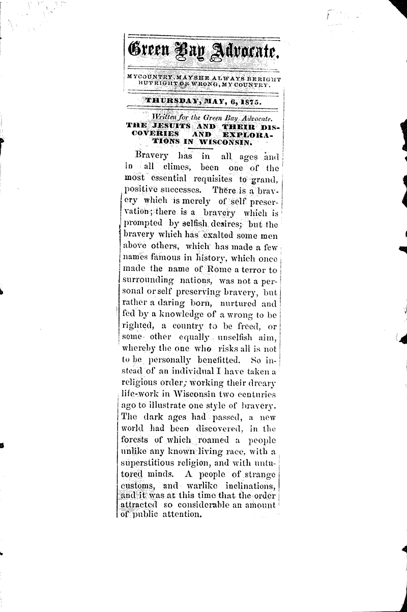  Source: Green Bay Advocate Topics: Church History Date: 1875-05-06