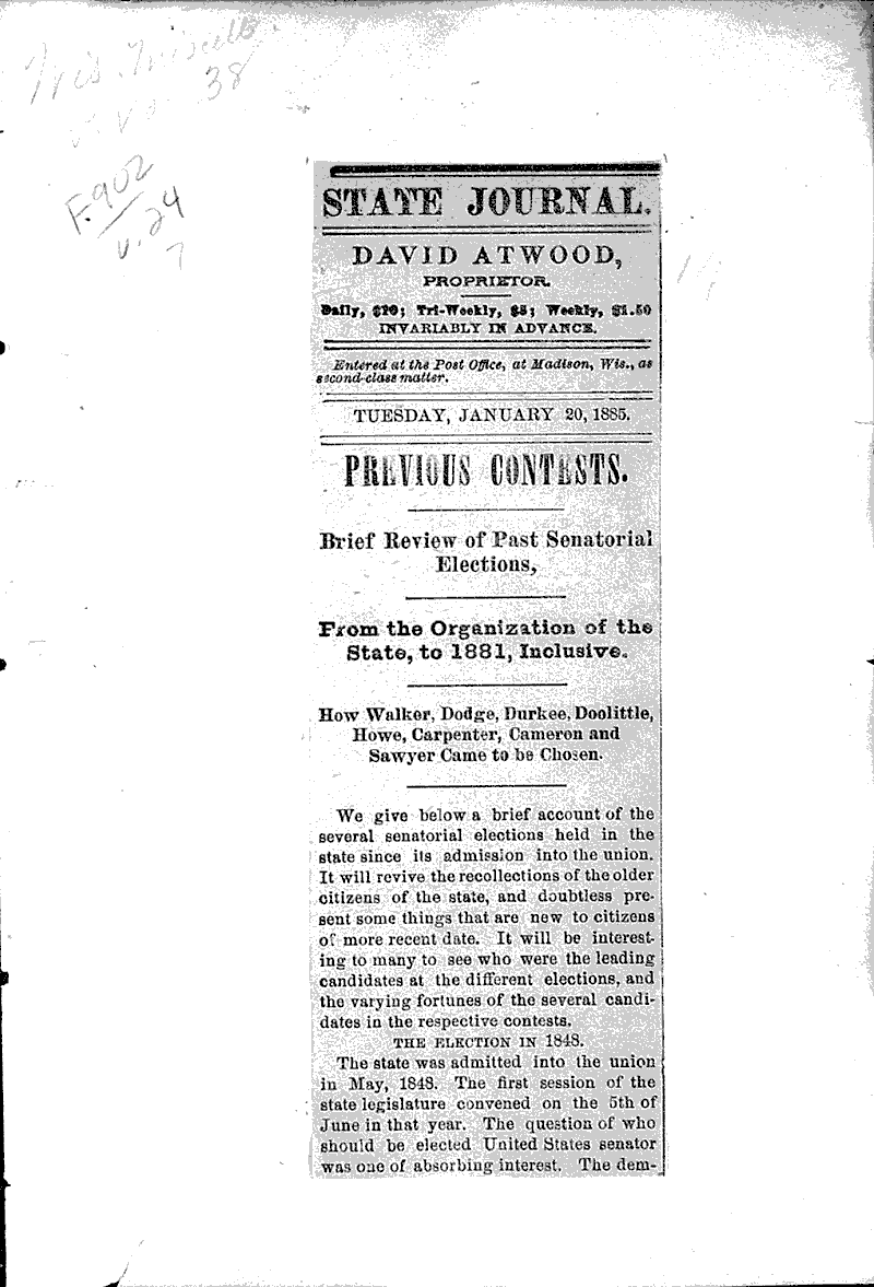  Source: Wisconsin State Journal Topics: Government and Politics Date: 1885-01-20