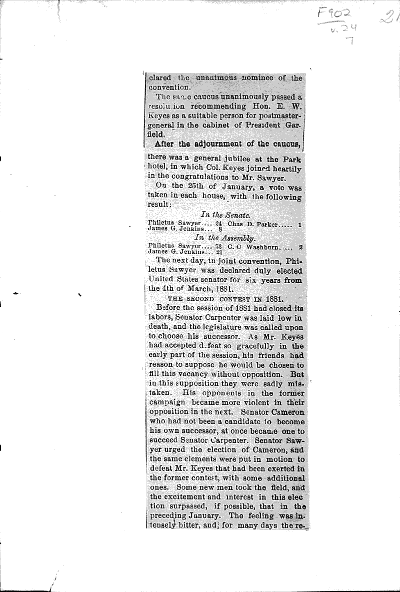  Source: Wisconsin State Journal Topics: Government and Politics Date: 1885-01-20