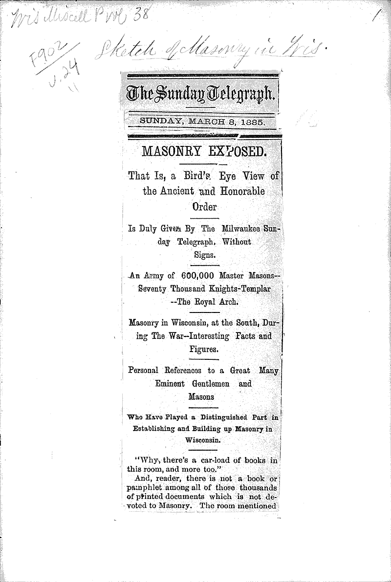  Source: Milwaukee Telegraph Topics: Church History Date: 1885-03-08
