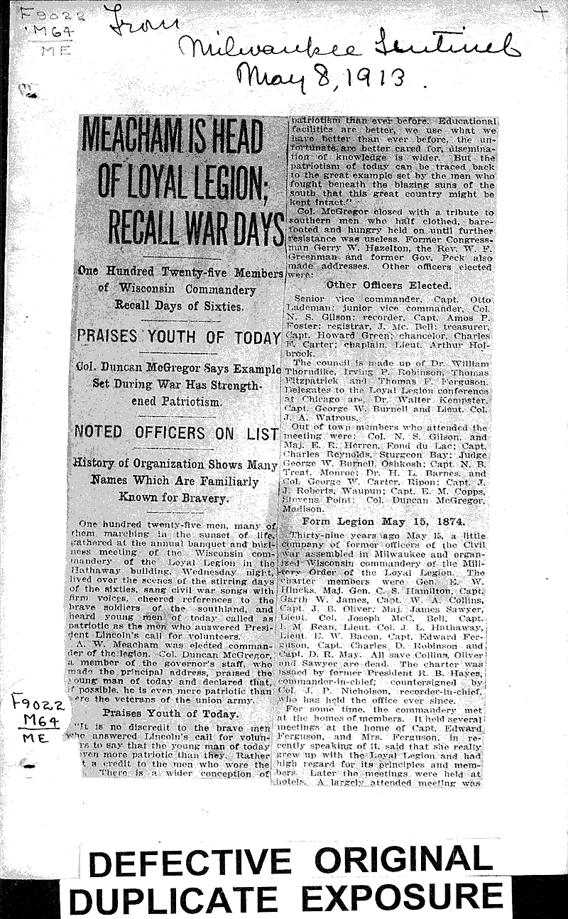  Source: Milwaukee Sentinel Topics: Civil War Date: 1913-05-08