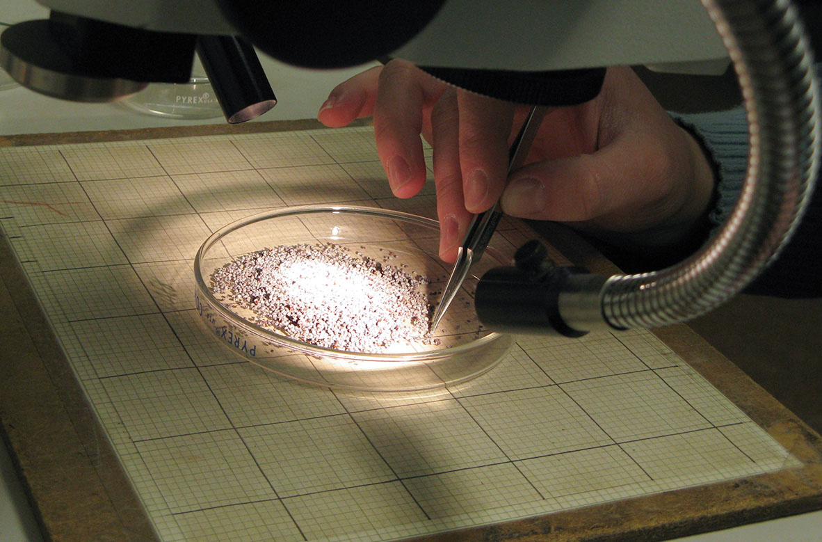 Someone inspecting granular dirt under a light and microscope 