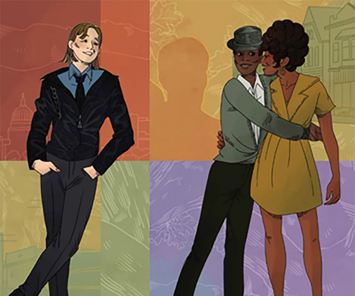 Illustrations of Lou Sullivan standing alone and Donna Burkett and Manonia Evans standing together.
