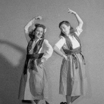 Left to right, Mary Ann Yanover and Joyce Radu, dancers in the annual Latin-American Festival held at the Wisconsin Memorial Union, University of Wisconsin-Madison.