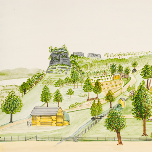 Painting of Paul Seifert farm showing rock formations in background and farm buildings nearby.