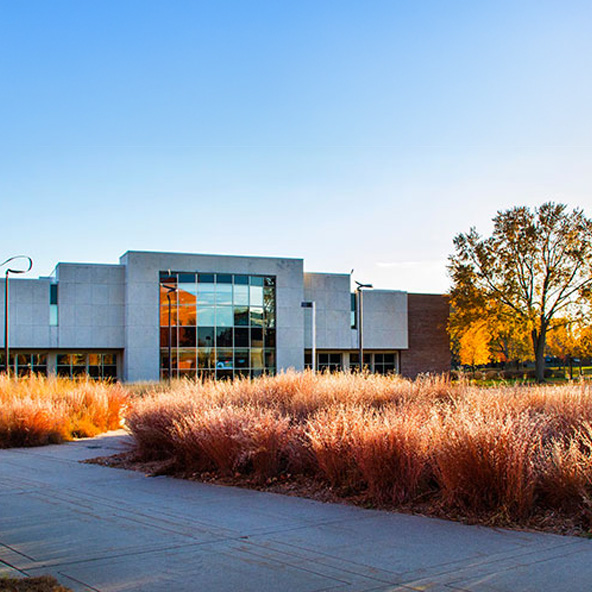 A fall shot of the Murphy library a gray rectangular building with large front facing windows
