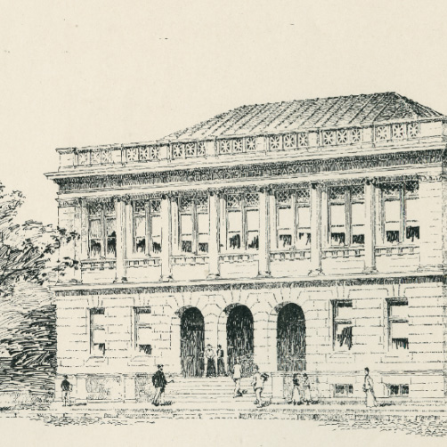 Copy of an artist's rendition of an exterior view of the Elisha D. Smith Library. Pen and ink drawing is signed: "G.J. de Gelleke, 1899." Bottom of drawing reads: "Elisha D. Smith Library, Menasha, Wisconsin. Van Ryn & de Gelleke, Architects, Milwaukee, Wisconsin." Reverse of image reads: "1898, cost $20,000." The image shows the front facade, arches at top of entrance steps, and pedestrians.