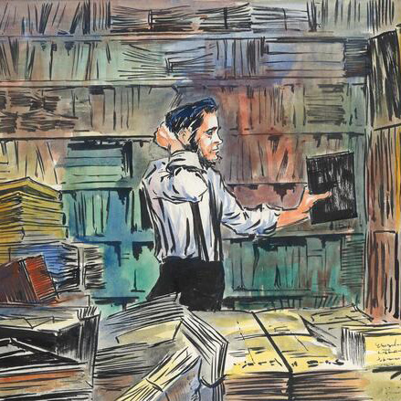 Watercolor painting depicting Lyman Draper, first Secretary of the State Historical Society of Wisconsin, surrounded by volumes of his collections and looking overwhelmed.