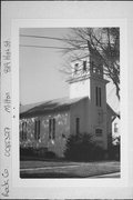 819 E. High St., a Early Gothic Revival house of worship, built in Milton, Wisconsin in 1883.