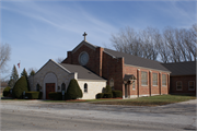 3307 West Deerfield Avenue, a Romanesque Revival church, built in Suamico, Wisconsin in 1956.