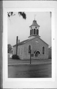 MAIN AND CHURCH STS., a Romanesque Revival house of worship, built in Linden, Wisconsin in 1851.