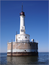 Offshore in lower Green Bay, 3.1 miles NW of Point Comfort, a Astylistic Utilitarian Building light house, built in Scott, Wisconsin in 1936.
