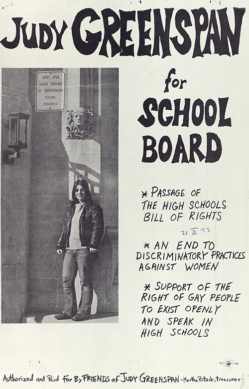 Courtesy of Maria Luisa Morales Judy Greenspan smiles happily at the camera in this outdoor photograph, wearing a leather jacket and a cowl neck like sweater. She used this photo in her campaign for School board.