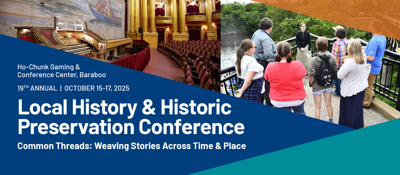 Web banner for the 2025 LHHP Conference featuring images of the Al. Ringing Theatre and of a speaker in period costume addressing a tour group