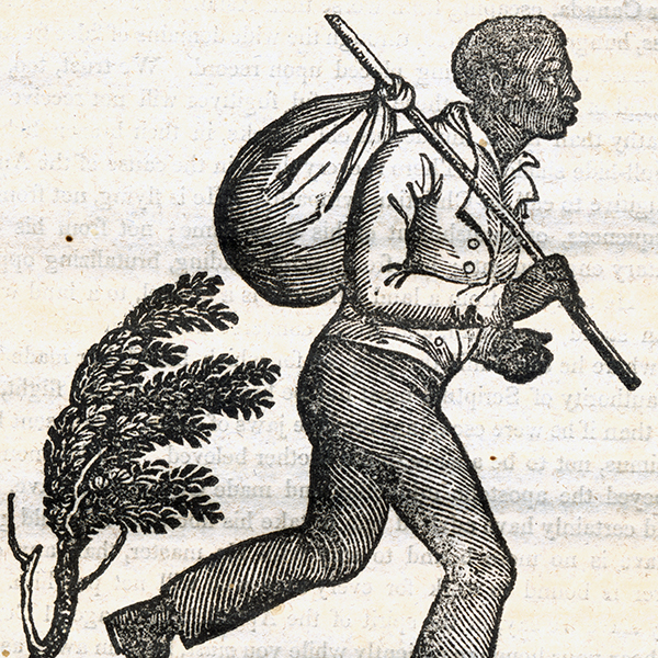 Image of a runaway slave with stick and satchel.