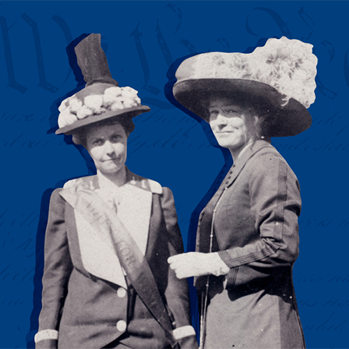 Two white women, in black and white, surrounded by a blue background and the US Constitution superimposed over the blue.